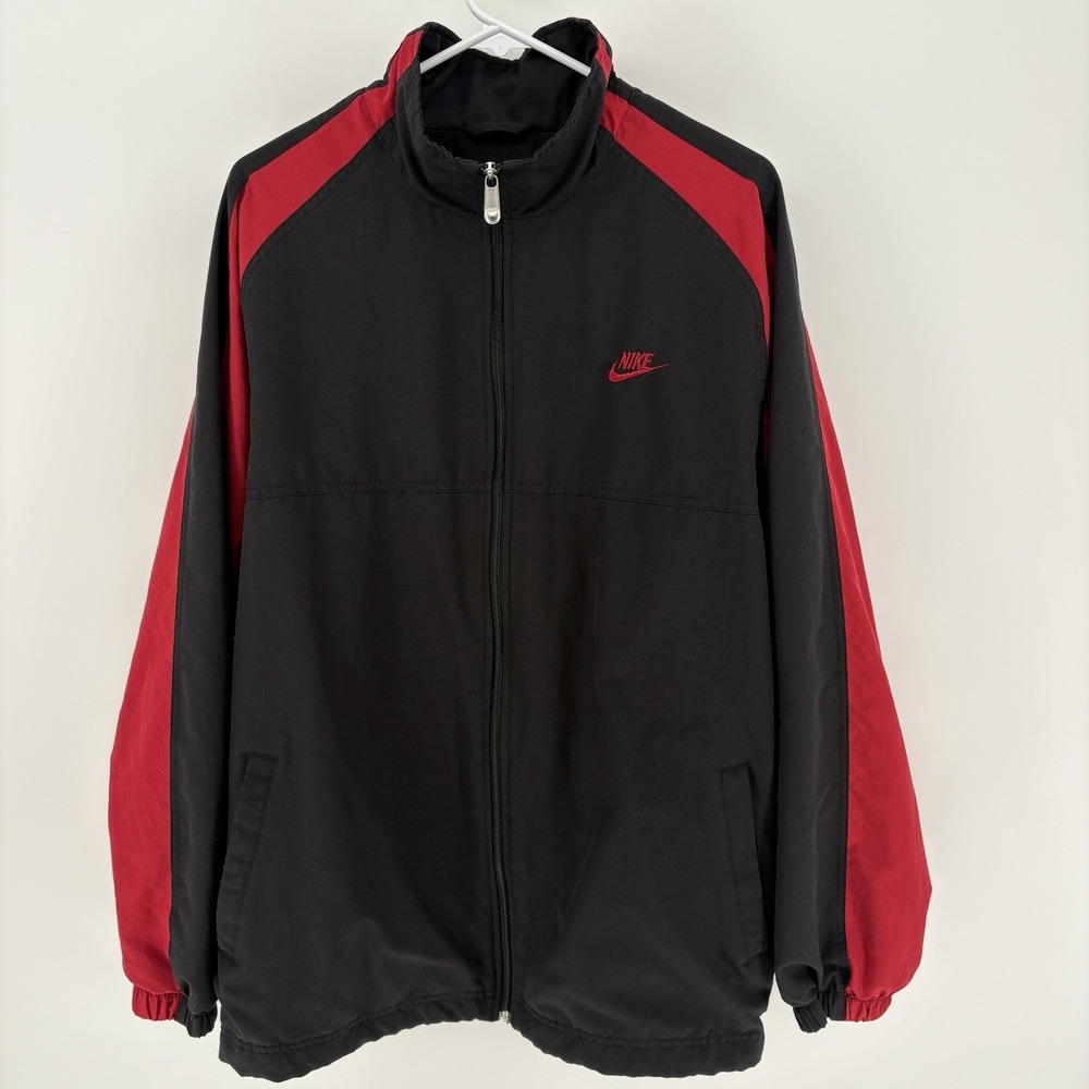 Vintage Nike Track Jacket Mens XL Black Red Colorblock Full Zip Windbreaker